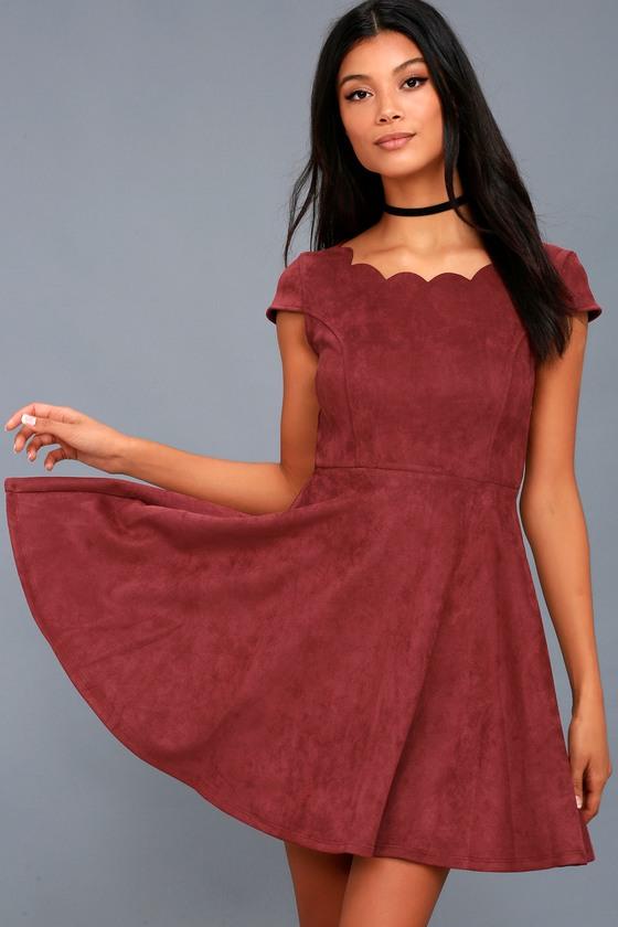 Lulus | Dearest Dreams Wine Red Suede Skater Dress | Size Medium | Vegan Friendly