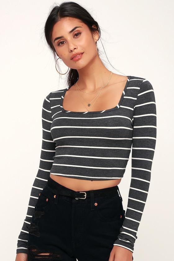 Marin Charcoal Grey And White Striped Long Sleeve Crop Top | Lulus