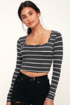 Marin Charcoal Grey And White Striped Long Sleeve Crop Top | Lulus