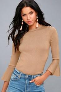 Lulus On My Level Taupe Flounce Sleeve Sweater Top