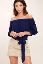 Lulus Chic Again Navy Blue Off-the-shoulder Crop Top