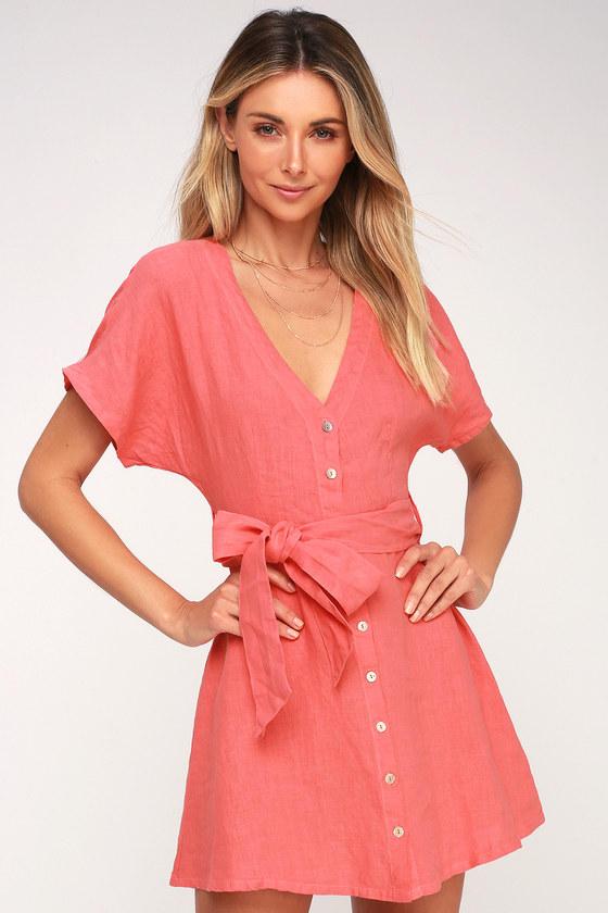 On The Road Deena Coral Pink Button-up Dress | Lulus