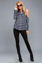 Lulus | To The Beat Navy Blue Plaid Cold-shoulder Top | Size Medium | 100% Rayon