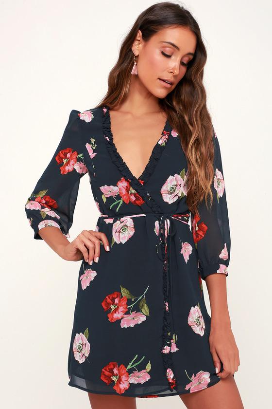 It's A Pleasure Navy Blue Floral Print Ruffled Wrap Dress | Lulus
