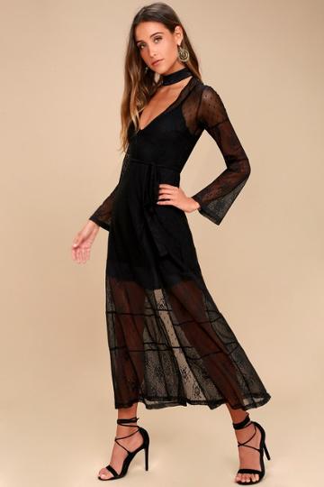 Somedays Lovin' | Starry Eyed Black Lace Long Sleeve Maxi Dress | Size Medium | Lulus