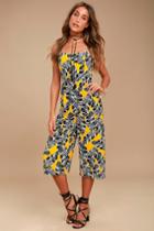 Olive + Oak | Charlotte Yellow Print Midi Jumpsuit | Size X-small | 100% Polyester | Lulus