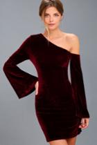 Lulus | From The Beginning Burgundy Velvet Bell Sleeve Bodycon Dress | Size Large | Purple