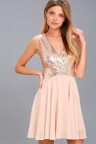 Lulus | Sparkle And Shine Rose Gold Sequin Skater Dress | Size Large | Pink | 100% Polyester