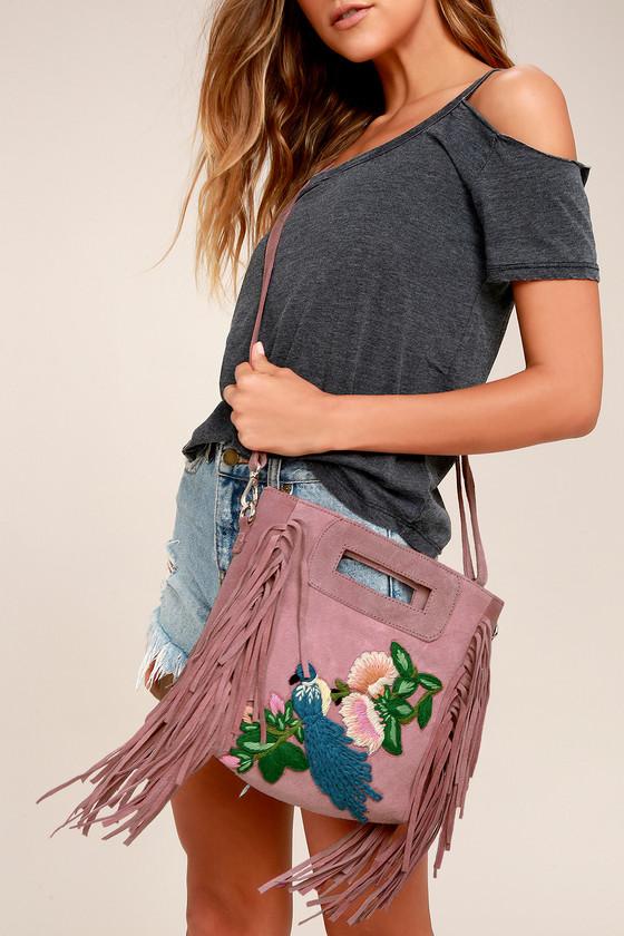 Lulus | California Dreamin' Mauve Pink Genuine Suede Leather Embroidered Purse