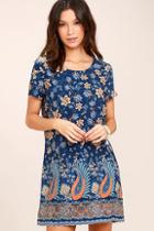 Lulus A Place For Us Navy Blue Floral Print Shift Dress
