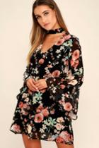 Lulus | Feeling Of Love Black Floral Print Shift Dress | Size Small | 100% Polyester