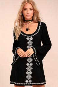 Love Stitch Manzanillo Black Embroidered Long Sleeve Shift Dress