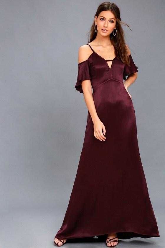 Ali & Jay Ride The Pony Plum Purple Satin Off-the-shoulder Maxi Dress | Lulus