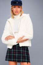 Lulus | Soft Spot Cream Faux Fur Hoodie | Size Small | White | 100% Polyester
