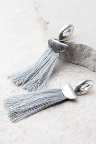 Lulus Cleopatra Silver And Grey Rhinestone Tassel Earrings