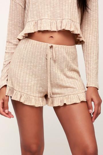 Room Service Beige Ribbed Knit Ruffle Shorts | Lulus