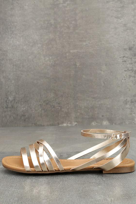 Breckelle's | Zoila Champagne Ankle Strap Flat Sandal Heels | Size 7 | Gold | Vegan Friendly | Lulus