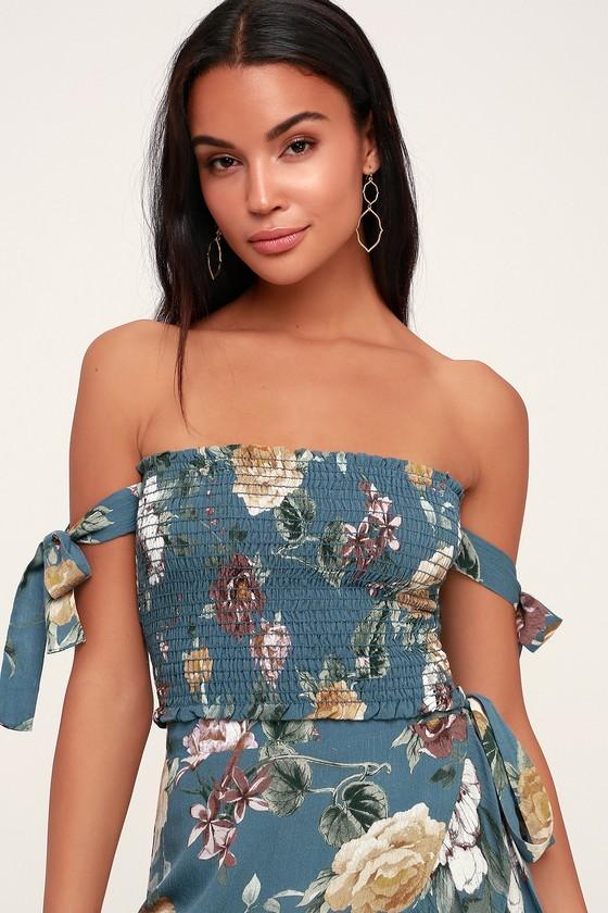 Balsam Teal Blue Floral Print Smocked Off-the-shoulder Crop Top | Lulus