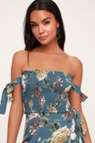 Balsam Teal Blue Floral Print Smocked Off-the-shoulder Crop Top | Lulus