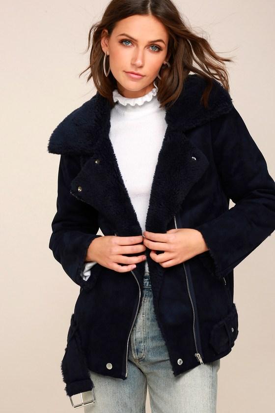 J.o.a. | Mount Rainier Navy Blue Suede Sherpa Coat | Size Large | 100% Polyester | Vegan Friendly | Lulus