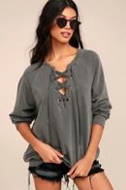 Project Social T Slave To Love Charcoal Grey Lace-up Sweater