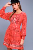 Free People | Coryn Coral Orange Print Long Sleeve Dress | Lulus