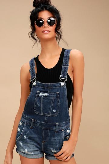 Blank Nyc Alter Ego Dark Wash Distressed Short Overalls | Lulus