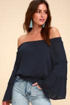 Sunny Story Navy Blue Lace Bell Sleeve Off-the-shoulder Top | Lulus