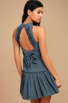 Lulus Adalia Teal Blue Embroidered Backless Dress