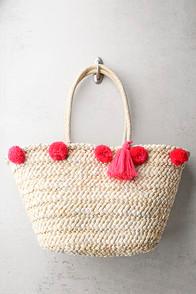Lulus Byron Bay Beige And Pink Woven Pompom Tote