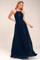 Lulus | Cherish The Night Navy Blue Lace Maxi Dress | Size Medium | 100% Polyester