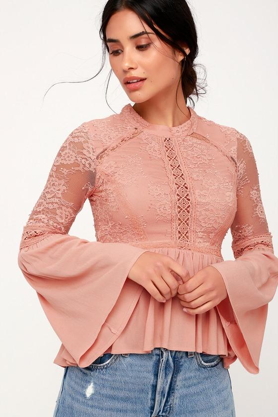 Karena Blush Pink Lace Bell Sleeve Peplum Top | Lulus