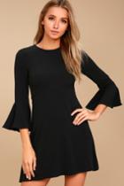 Lulus | Center Of Attention Black Flounce Sleeve Dress | Size Medium | 100% Polyester