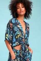 On The Road Feather Navy Blue Tropical Print Tie-front Top | Lulus