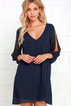 Lulus | Shifting Dears Navy Blue Long Sleeve Dress | Size Large | 100% Polyester