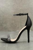 Wild Diva Zula Black Satin Rhinestone Ankle Strap Heels