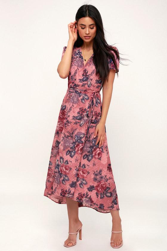 Wayf Lorna Mauve Pink Floral Print Midi Wrap Dress | Lulus