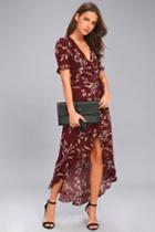 Lulus | Wild Winds Burgundy Floral Print High-low Wrap Dress | Size Large | Purple | 100% Polyester