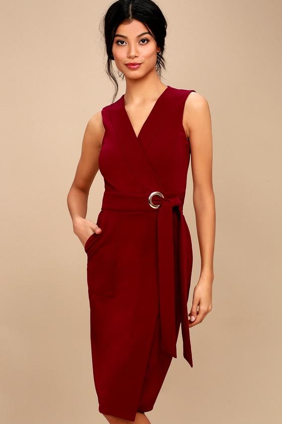 Lulus | Office Aesthetic Wine Red Midi Wrap Dress | Size Large | 100% Polyester
