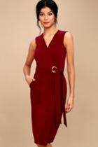 Lulus | Office Aesthetic Wine Red Midi Wrap Dress | Size Large | 100% Polyester