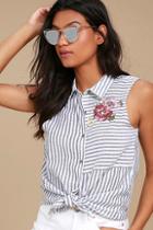 Lulus All In A Day's Needlework Grey Striped Embroidered Button-up Top