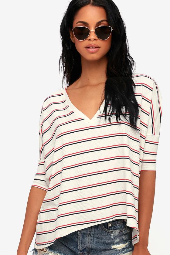 Starting Line Ivory Striped Oversized V-neck Tee | Lulus