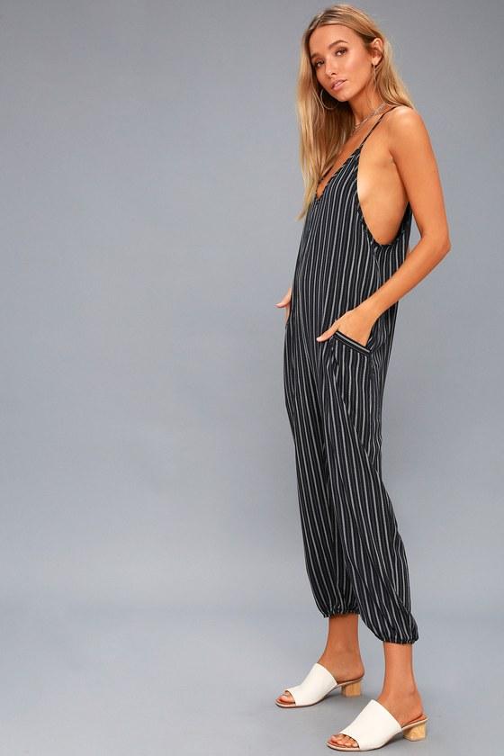 Embarcadero Navy Blue And White Striped Midi Jumpsuit | Lulus