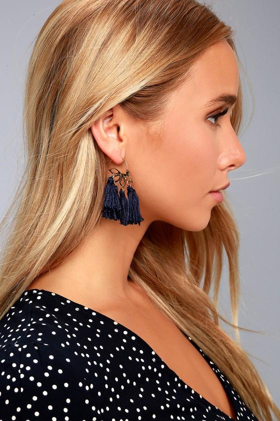 Lulus | Tranquil Rain Gold And Navy Blue Tassel Earrings