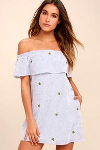 Ppla Agave White Striped Embroidered Off-the-shoulder Dress