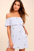 Ppla Agave White Striped Embroidered Off-the-shoulder Dress