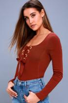 Free People Looking Back Rust Red Long Sleeve Lace-up Top | Lulus