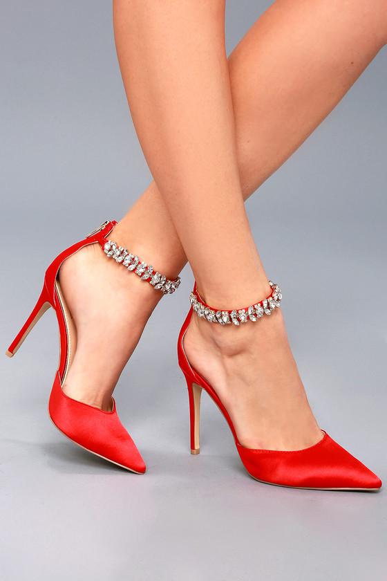 Jewel By Badgley Mischka Lizbeth Red Satin Rhinestone Ankle Strap Heels | Lulus