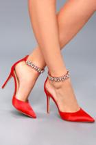 Jewel By Badgley Mischka Lizbeth Red Satin Rhinestone Ankle Strap Heels | Lulus
