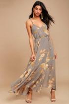 Lulus | Feeling Freesia Grey Floral Print Maxi Dress | Size Large | 100% Polyester